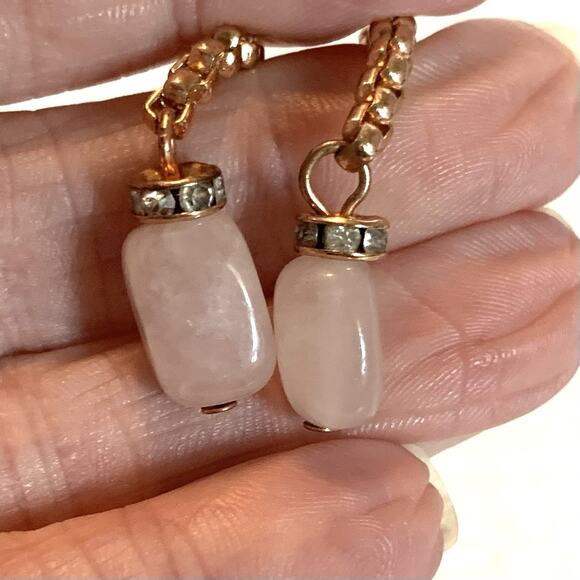 Vintage Rose Quartz Dangle Earrings Rose Gold Plated with Pearls & Rhinestones - Picture 6 of 8